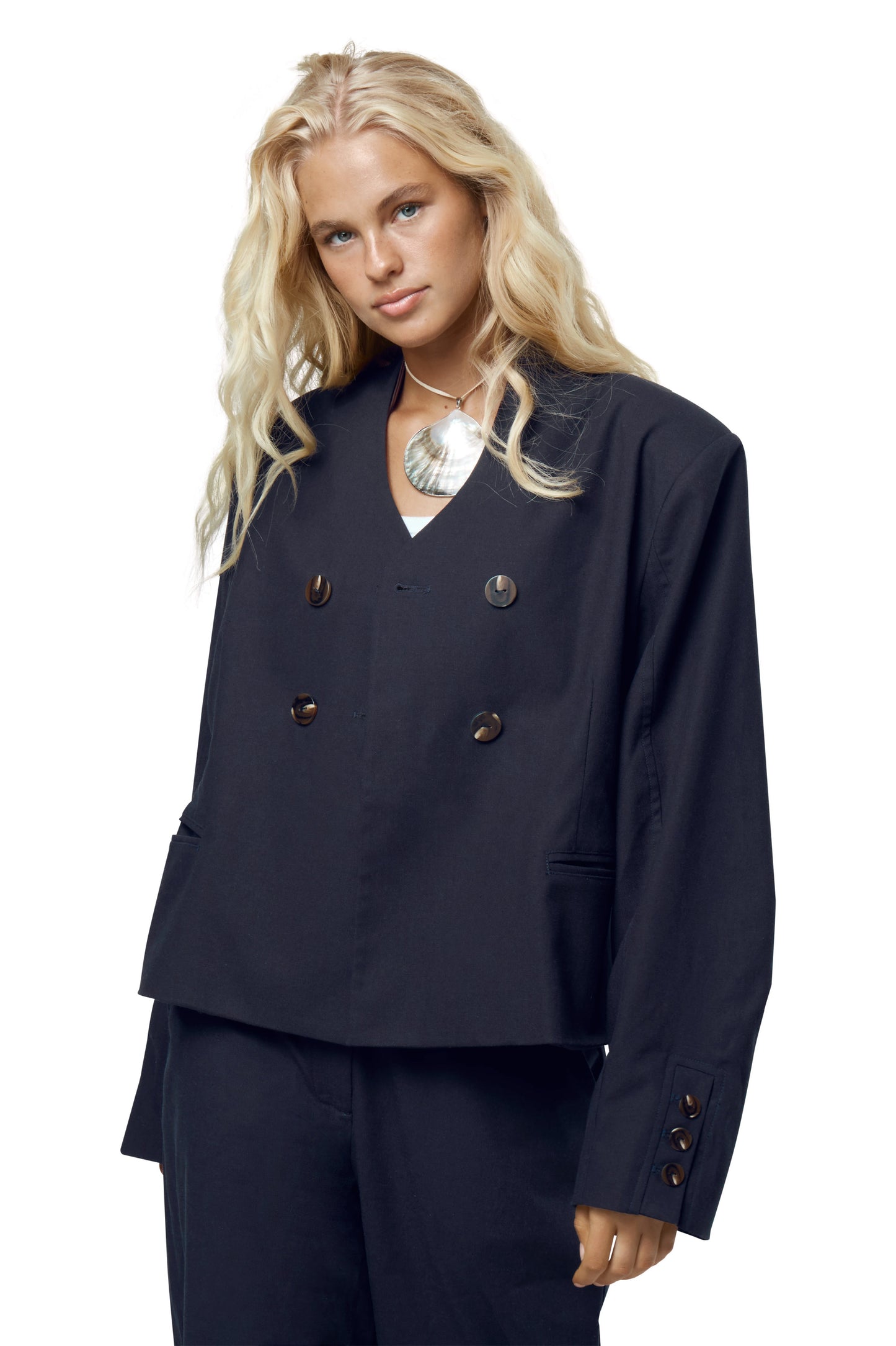 Emmie Double Breasted Linen Blazer in Navy
