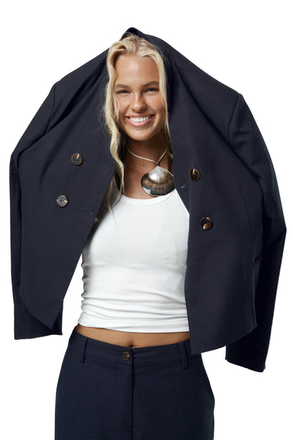 Emmie Double Breasted Linen Blazer in Navy