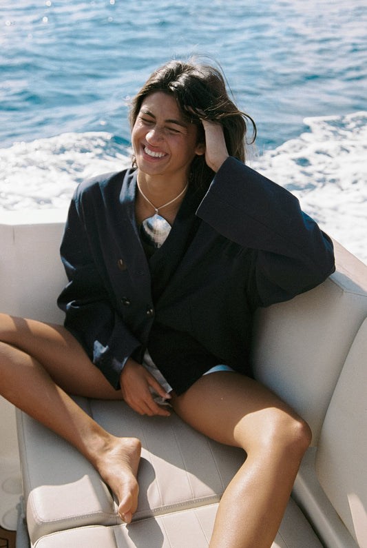 Emmie Double Breasted Linen Blazer in Navy